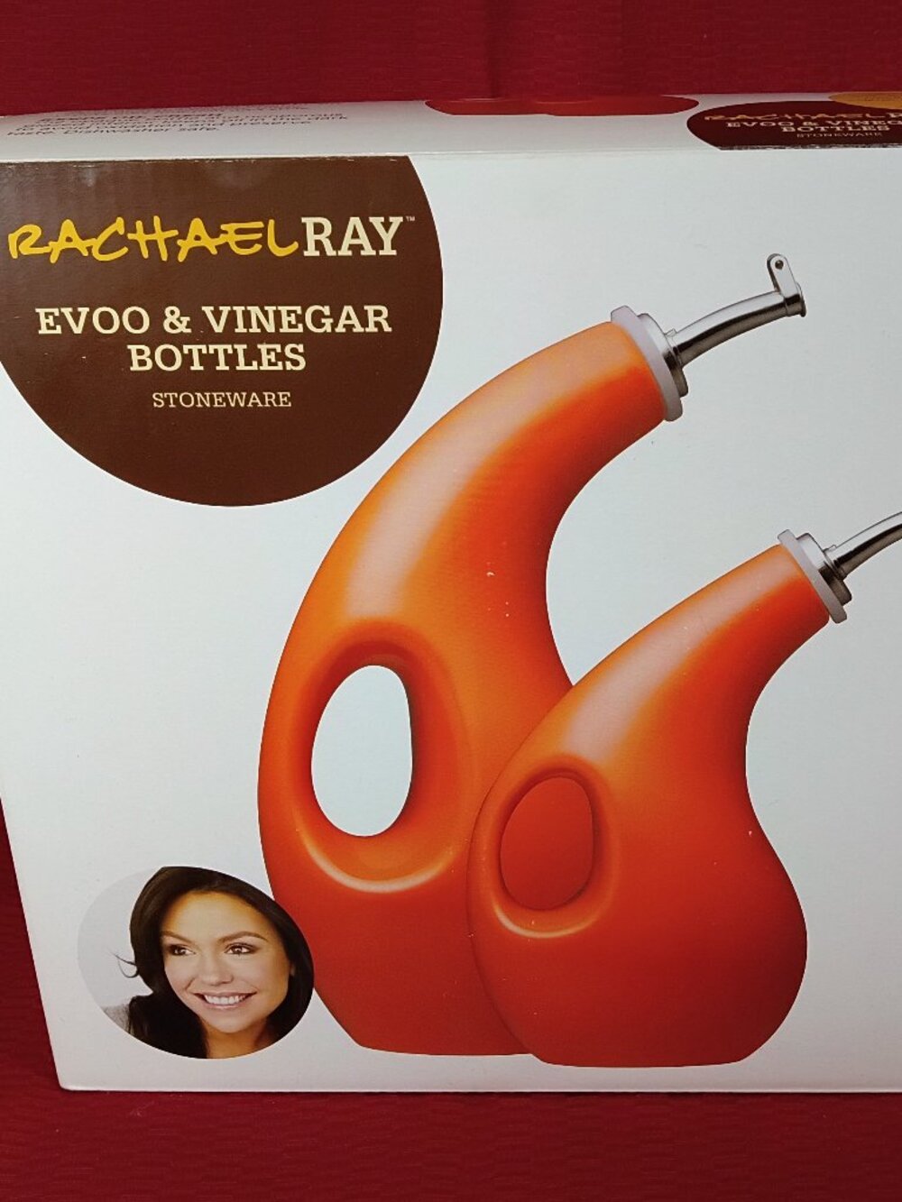 Rachael Ray EVOO & Vinegar Bottles Stoneware - Orange New in box - Never used